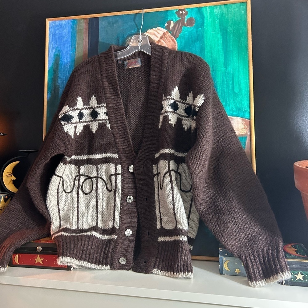 Vintage 60s 70s Grandpa Boho Brown and Cream Cardigan Medium - Picture 7 of 15